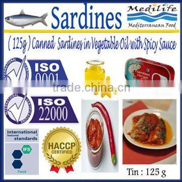 (125 g) Canned Sardines in Vegetable Oil with Spicy Sauce ,High Quality canned Sardines,125g Sardines in cans with Spicy Sauce