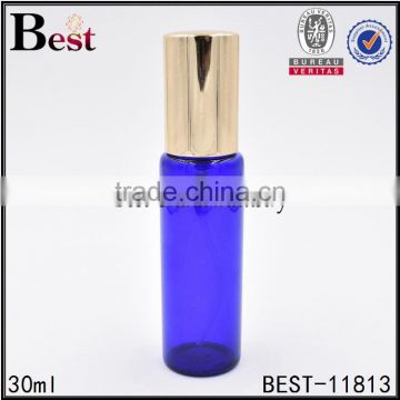 wholesale best selling cosmetic packaging golden aluminum spray bottle perfume blue glass perfume bottle 30ml china manufacture