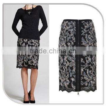 Lady Black Flower Sequins Pattern Embroiedered latest long skirt design