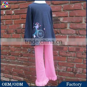 Navy Long Sleeve Swing Embroidered Tops&Pink Ruffle Pants Outfits Cotton Children Frocks Designs Kids Clothes