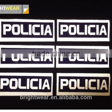 Relfective Policia or chest reflective letter reflective words be heated on vest for Spain market