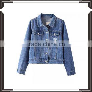 Dark blue washed jeans women in new model down denim jacket