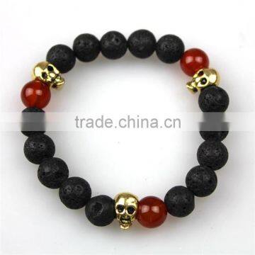 Red Agate Gold Skull Charm Bracelet Lava Stone Bracelet