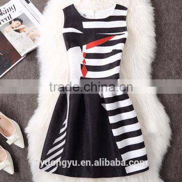 whtie stripe black y women printed A line dress/sym rose multi design sleeveless A line dress skirt