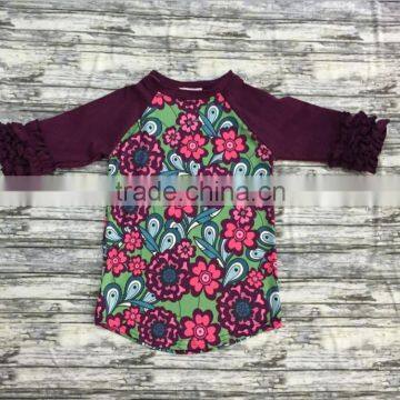 Hot baby girls ruffle shirt flower printing icing raglan girls t-shirt