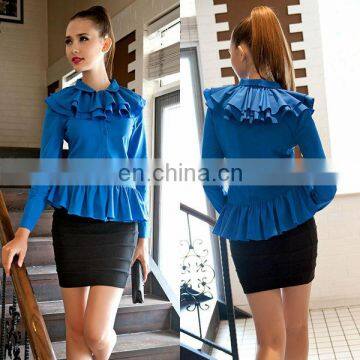Korean Style Ladies Korean Style Ladies Blue Long Sleeve Ruffle Blouse