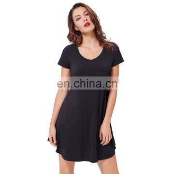 Kate Kasin Kate Kasin Women's Casual Loose Short Sleeve V-Neck Irregular Hem Black Cotton Summer Dress KK000626-1