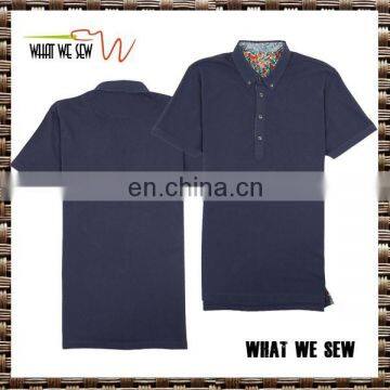 classical dark blue mens cotton/polyester pique polo shirts U neck patch custom 2015