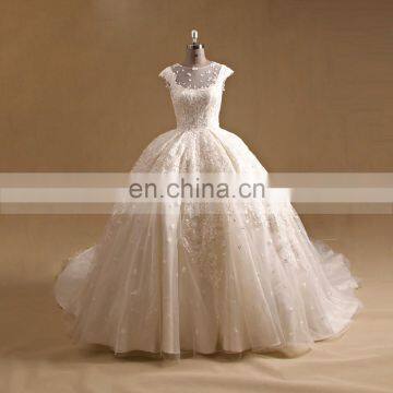 Luxurious Style Cap Sleeves Lace Sequins Ball Gown Wedding Dress Key Hole Back