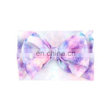 Wholesale kids girl starry sky printed adjustable knot big messy bow elastic hair headband