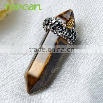 Topearl Jewelry Most Popular Hexagonal Prism Tiger Eye Necklace Pendant Rhinestones Clay Pave SPW03