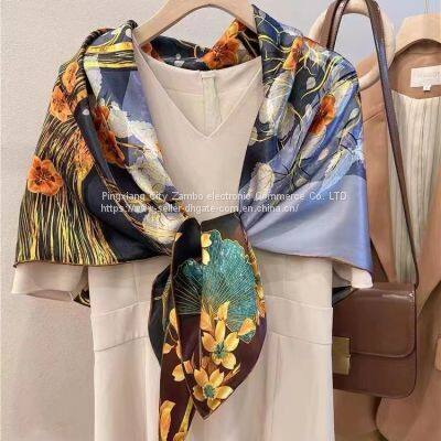 Oil Painting Flowers Silk Feels Soft Scarves Literature and Art Style High Quality 110*110CM photo-5
