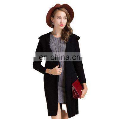 High Quality 100% Cashmere Knitted Coat Long Hooded Cardigan with Casual Style Solid Pattern for Winter Season