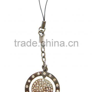 Custom rotation design metal mobile phone chains with rhinestone