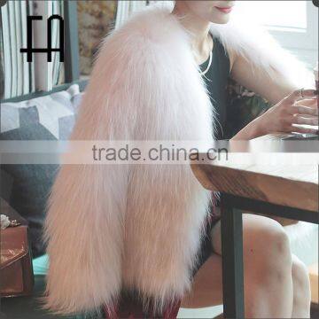 Factory direct wholesale short syle baby pink white raccoon fur knitted jacket