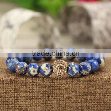 BRS1502-4 natural gemstone lion head strench bracelet,natural semi-precious stainless steel lion head macrame bracelet