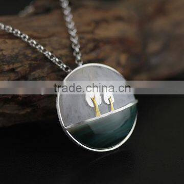 2016 China Style Plants On The River Side 925 Sterling Silver Agate Necklace Pendant for Women Fashion Necklace Jewelry