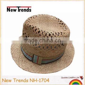 Soft handfeel hollow out handmade raffia straw bucket hat with colorful strip band