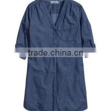 Women Long Sleeve V-neck Denim Shirt photo-2