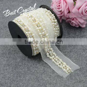 wholesale fancy rhinestone and pearl applique neck designs for girls dress,pearl rhinestone lace trim for DIY fashion skirt