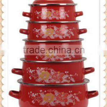 Graceful Red Full Decal Double Handle Enamel Cookware Set Kitchenware Enamel Pot 5 Pcs Stock Belly Pot With Lid