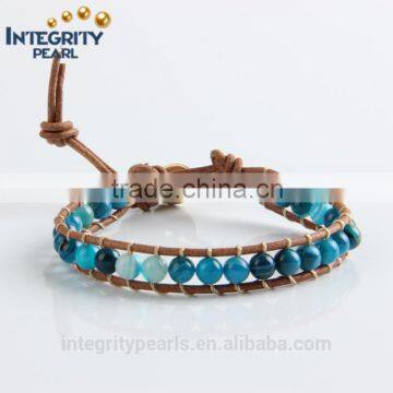 6mm natural striped blue agate leather bracelet with gemstone, gemstone bead wire bracelet, natural gemstone bracelet