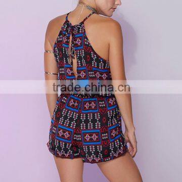 Newest Clubwear Spaghetti Strap Geomtrical Print Woman Sexy Short Jumpsuits photo-3