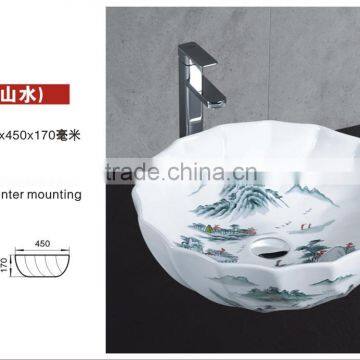 3073 Bowl shaped ceramics art basin with lines and Painted Landscape