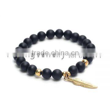 New Natural Stone Black Agate Onyx Bracelets Leaf Feather Charm Smooth Round Onyx Stone For Men And Women Men Jewelry