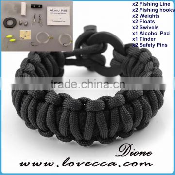 Camping /outdoor 350/550 cord firestarter survival flint bracelet with fishing tool, firebar