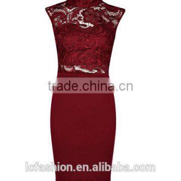 Sexy Party Burgundy Pencil Dress High Neck Lace Midi Dress photo-6