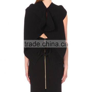 Wholesale Women Apparel Cap Sleeves Cowl Neck Textured Asymmetric Hem Wool-crepe Blouse(DQE0262T) photo-3