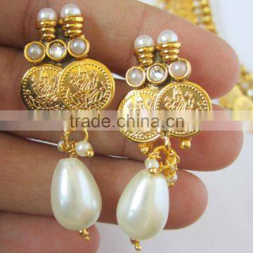 GOLD Plated Goddess Laxmi COIN Pearl Bollywood Necklace EARRING Set photo-4