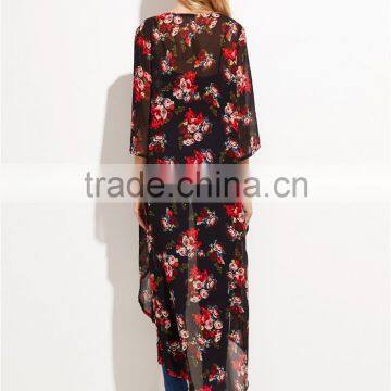 Custom Flower Print Women Soft Comfortable Beachwear Outwear Black Floral Longline Chiffon Kimono photo-2