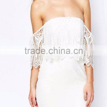 MGOO Design Bandeau Cream Crepe Ruffles Bridal Grown Off Shoulder Lace Dress With Fishtail Bridesmaid Dress photo-4