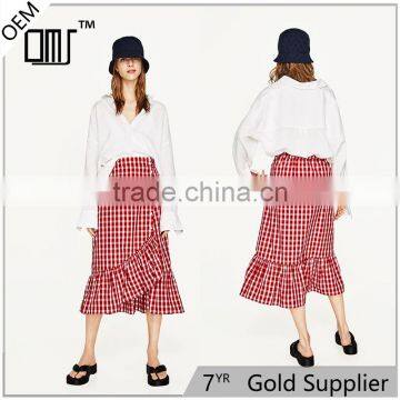 Latest ladies fashion wholesale high quality red plaid frilled skirt