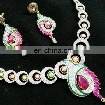 Modish Peacock Multi- Color Gold Plated American Diamond Jewelry Necklace Earrings Set photo-2