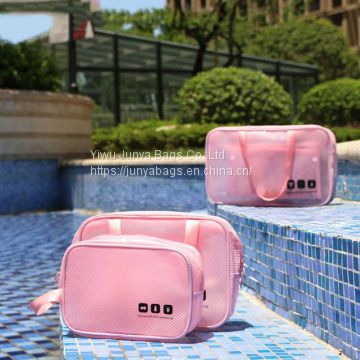 Lady Travel Cosmetic Toiletry Organizer 3pcs Set Waterproof Solid Color Jelly Bag With EVA Mesh