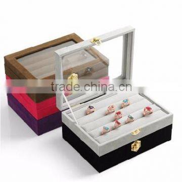 Custom glass top lid velvet ring display box,lint jewelry box