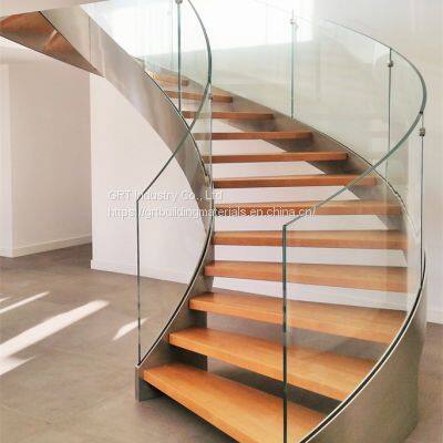 Customize Interior Staircases Railing Curved Safety Tempered Circular Glass Wooden Stairs