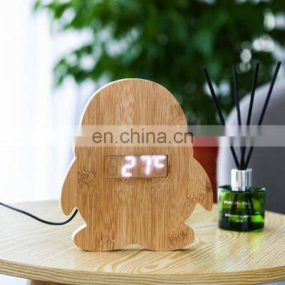 Customized Unique Design Penguin Shape Animal Bamboo Electronic Digital LED Alarm Clock photo-5