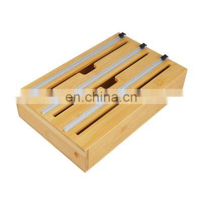 Bamboo Cling Wrap Dispenser With Cutter, 3 Slots Storage Organizer for Aluminum Foil & Cling Film & Parchment Paper photo-3