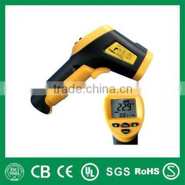 Yellow handheld infrared thermometer with laser point for measuring temperature