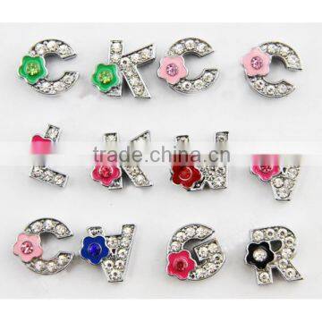 New design 10mm rhinestone flower letters slider charm for gummy bracelets