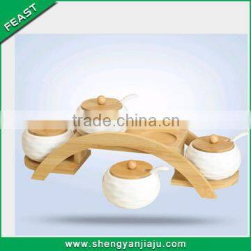 ceramic condiment set with bamboo rack