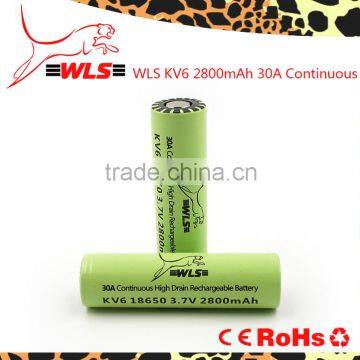 High drain 18650 WLS 30A li-ion battery 2800mah 3.7v li-ion cells KV6 battery