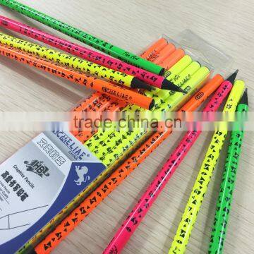 7" standard size round shape neon color body black wood pencil with heat rolling logo