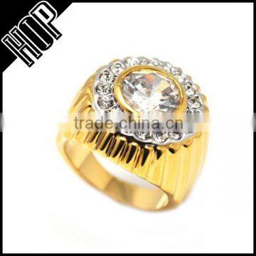 Men's Gold Bling Big Diamond Crystal Center Iced Out Ring