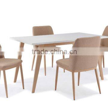 Wooden top dining set with 4 fabric chairs with transfer painting leg