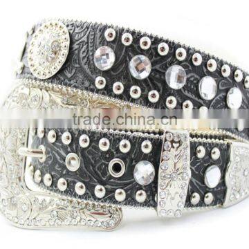 2016 New Design Western Rhinestone Leather Belt With Crystals Circle Chains and Studs Embedded